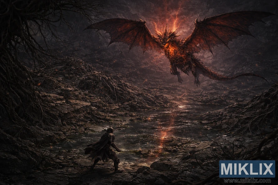 Mroczna grafika fantasy przedstawiająca samotnego wojownika Tarnished stawiającego czoła latającemu Lichdragonowi Fortissaxowi w mrocznych Głębinach Deeproot Depths.