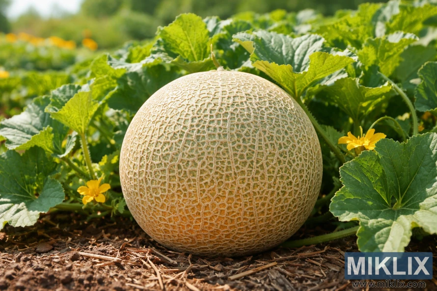 Pamje nga afër e një pjepri të pjekur Ambrosia që rritet në hardhi në një kopsht të mirëmbajtur në një ditë me diell vere.