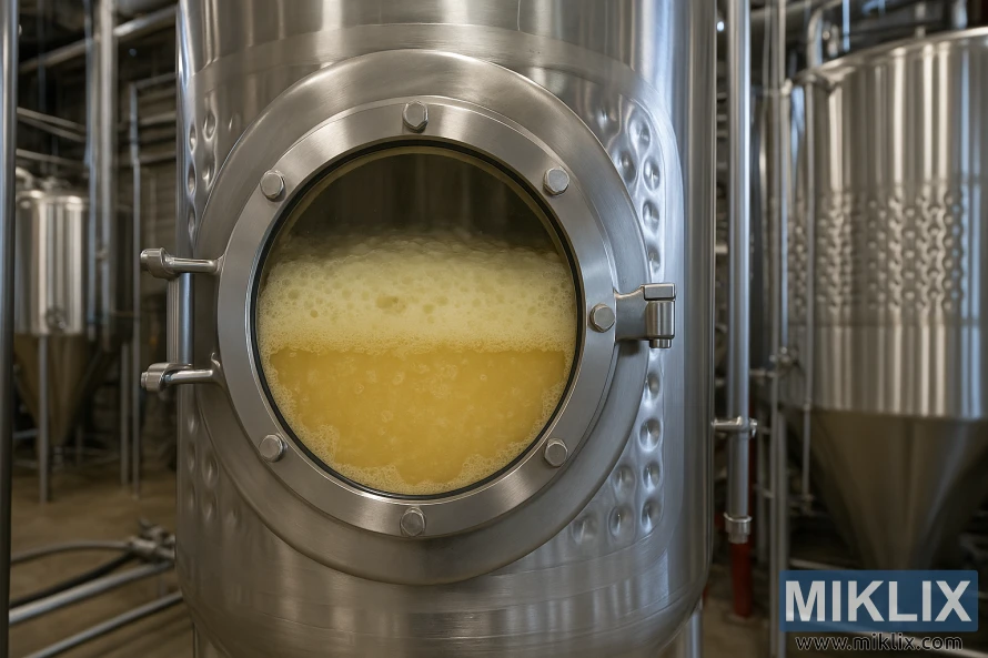 Nerūdijančio plieno alaus daryklos fermentatorius su stikliniu langeliu, pro kurį matyti viduje aktyviai fermentuojantis kreminis alus.