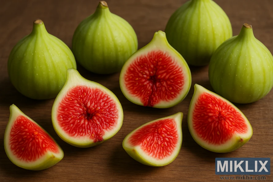 Close-up of ripe Adriatic figs with light green skin and bright red flesh arranged on a rustic wooden surface in natural light. Close-up of ripe Adriatic figs with light green skin and bright red flesh arranged on a rustic wooden surface in natural light.