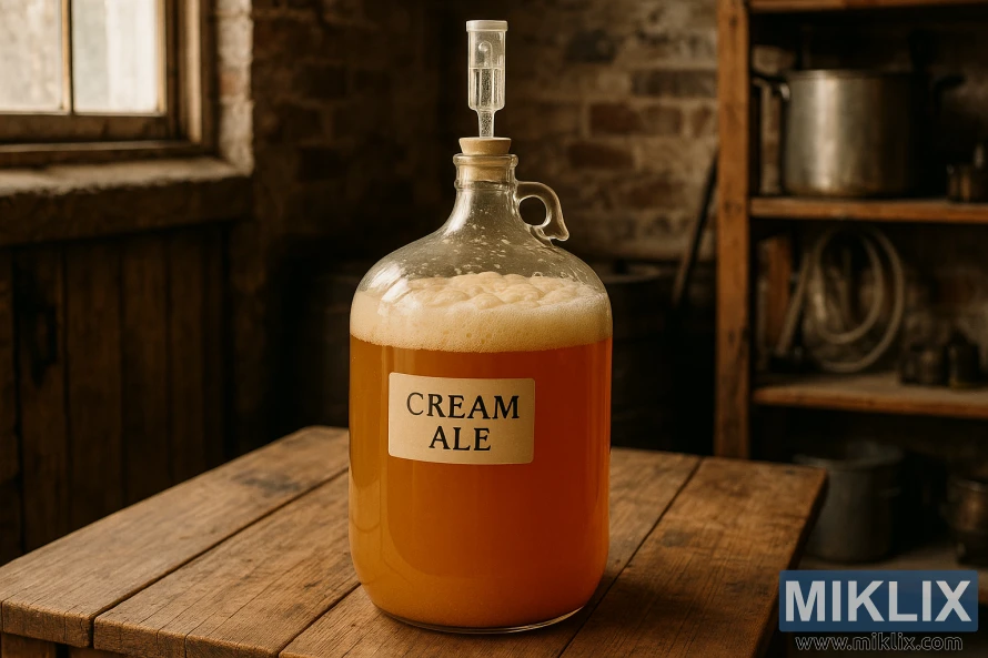 Stiklinis fermentuojančio kreminio alaus butelis ant medinio stalo kaimiškoje naminio alaus daryklos patalpoje.