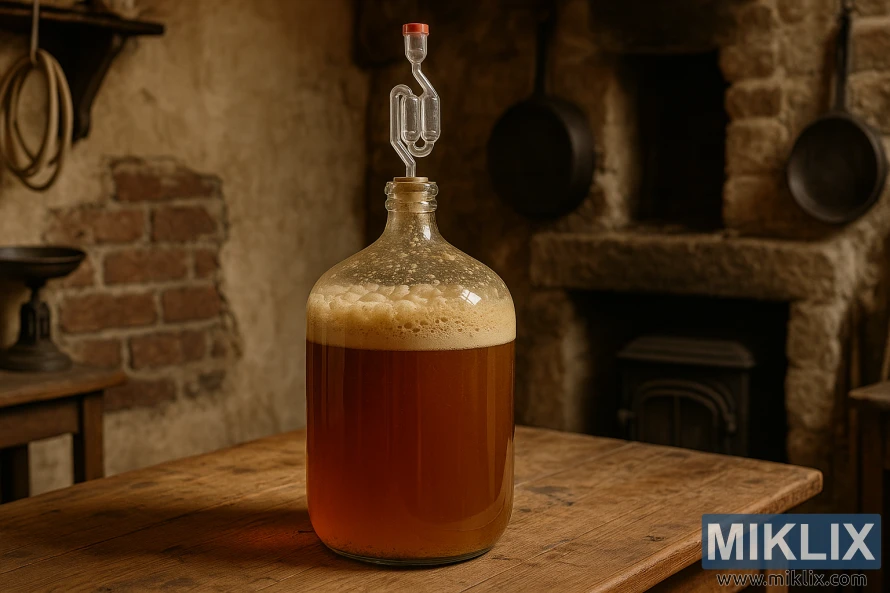 Glass carboy of fermenting English ale on a wooden table in a rustic British homebrewing room.