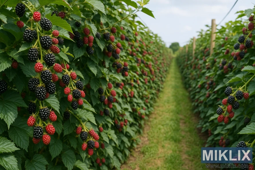 Gervuogių krūmų eilės, pilnos prinokusių vaisių, derlingame ūkyje po šviesiu dangumi. Gervuogių krūmų eilės, pilnos prinokusių vaisių, derlingame ūkyje po šviesiu dangumi.