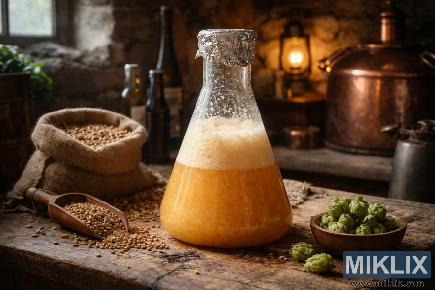 Bubbling yeast starter fermenting in a glass Erlenmeyer flask on a rustic wooden table with barley, hops, and copper brewing equipment in a warm Irish homebrewing setting.