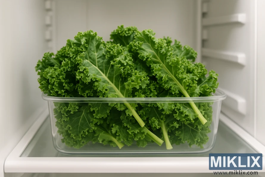Fresh kale leaves stored in a clear plastic container on a refrigerator shelf, showing vibrant green color and curly leaf texture.