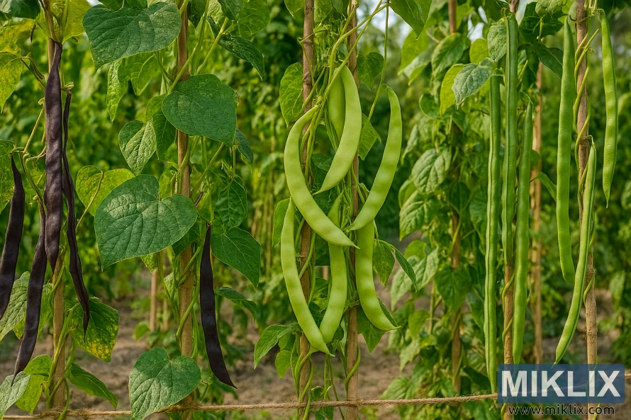 Various types of green beans growing vertically with support structures in a sunlit garden Various types of green beans growing vertically with support structures in a sunlit garden