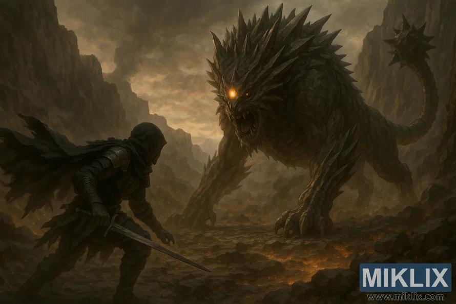 Realistic dark-fantasy artwork of a hooded Tarnished facing a Full-Grown Fallingstar Beast amid volcanic cliffs at Mount Gelmir.