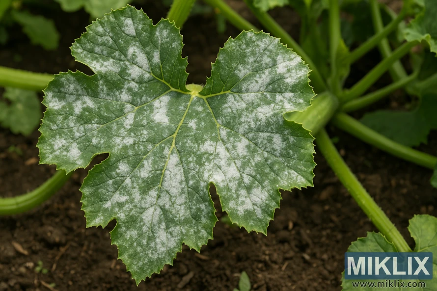 ਇੱਕ ਉਲਚੀਨੀ ਪੱਤੇ ਦਾ ਕਲੋਜ਼-ਅੱਪ ਜਿਸ ਵਿੱਚ ਇਸਦੀ ਹਰੇ ਸਤ੍ਹਾ 'ਤੇ ਚਿੱਟੇ ਪਾਊਡਰਰੀ ਫ਼ਫ਼ੂੰਦੀ ਦੇ ਧੱਬੇ ਦਿਖਾਈ ਦੇ ਰਹੇ ਹਨ। ਇੱਕ ਉਲਚੀਨੀ ਪੱਤੇ ਦਾ ਕਲੋਜ਼-ਅੱਪ ਜਿਸ ਵਿੱਚ ਇਸਦੀ ਹਰੇ ਸਤ੍ਹਾ 'ਤੇ ਚਿੱਟੇ ਪਾਊਡਰਰੀ ਫ਼ਫ਼ੂੰਦੀ ਦੇ ਧੱਬੇ ਦਿਖਾਈ ਦੇ ਰਹੇ ਹਨ।