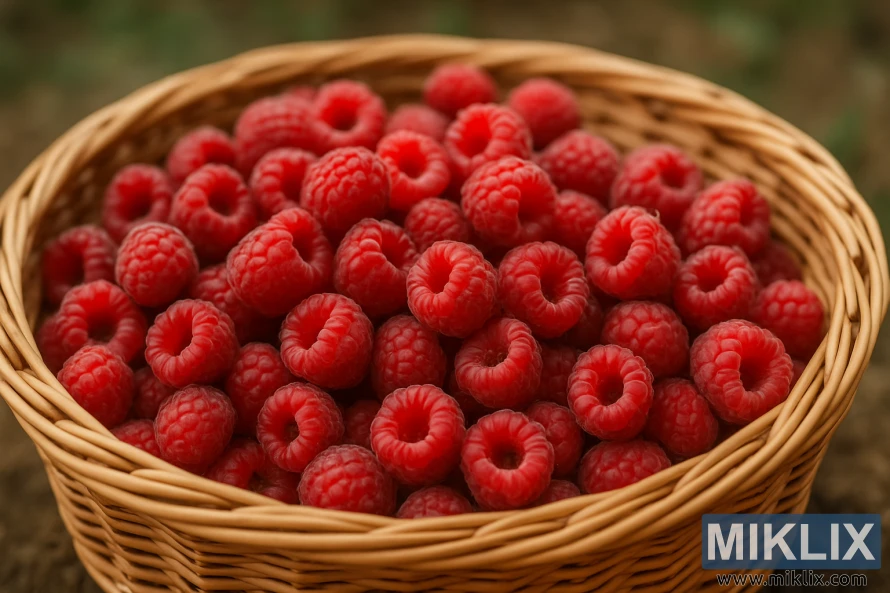 Close-up of a shallow wicker basket filled with freshly picked red raspberries outdoors.
