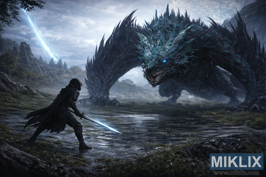 Fan art grandangolare in stile anime che mostra il Tarnished con una spada luminosa di fronte a un enorme Drago di Pietra Luminosa Smarag che torreggia sulle zone umide allagate di Liurnia dei Laghi. Fan art grandangolare in stile anime che mostra il Tarnished con una spada luminosa di fronte a un enorme Drago di Pietra Luminosa Smarag che torreggia sulle zone umide allagate di Liurnia dei Laghi.