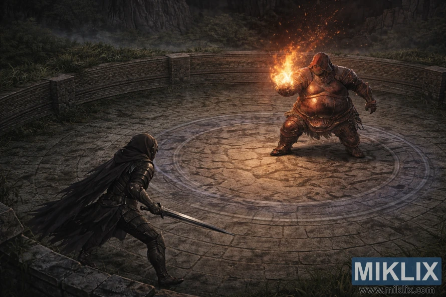 Ilustração de fantasia isométrica mostrando o Maculado com uma espada virado para Adan, Ladrão de Fogo, dentro da arena circular de pedra da Cadeia Eterna do Malfeitor.