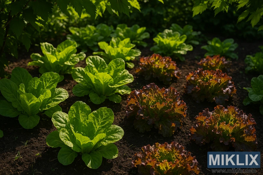 Rows of green and reddish-purple heat-tolerant lettuce growing in shaded summer garden
