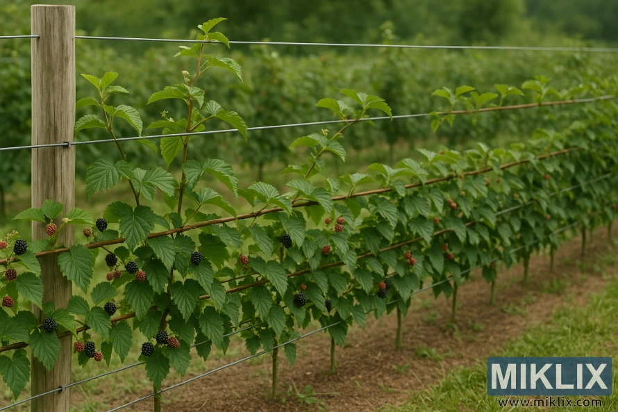 Gervuogių eilės, išdėliotos palei medinį grotelių ūglį su žaliais lapais ir prinokusiomis gervuogėmis natūralioje šviesoje. Gervuogių eilės, išdėliotos palei medinį grotelių ūglį su žaliais lapais ir prinokusiomis gervuogėmis natūralioje šviesoje.
