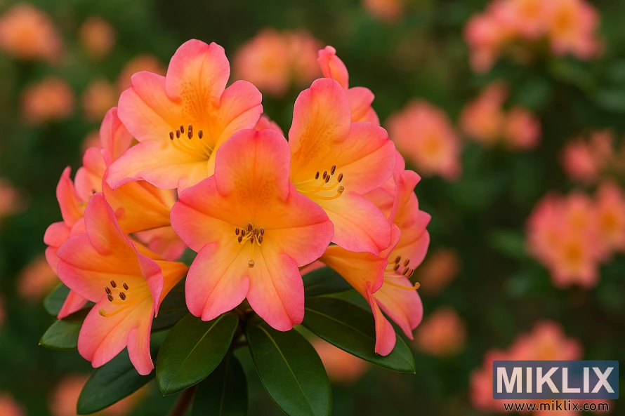 Close-up of September Song rhododendron with orange centers fading to pink edges. Close-up of September Song rhododendron with orange centers fading to pink edges.