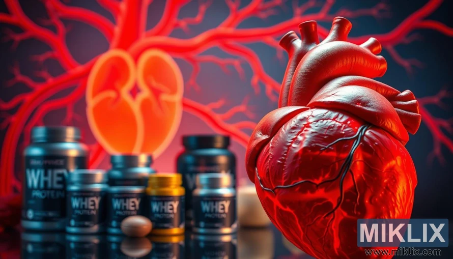 Cuore muscoloso con integratori di proteine del siero del latte che evidenziano i benefici per la salute cardiovascolare. Cuore muscoloso con integratori di proteine del siero del latte che evidenziano i benefici per la salute cardiovascolare.