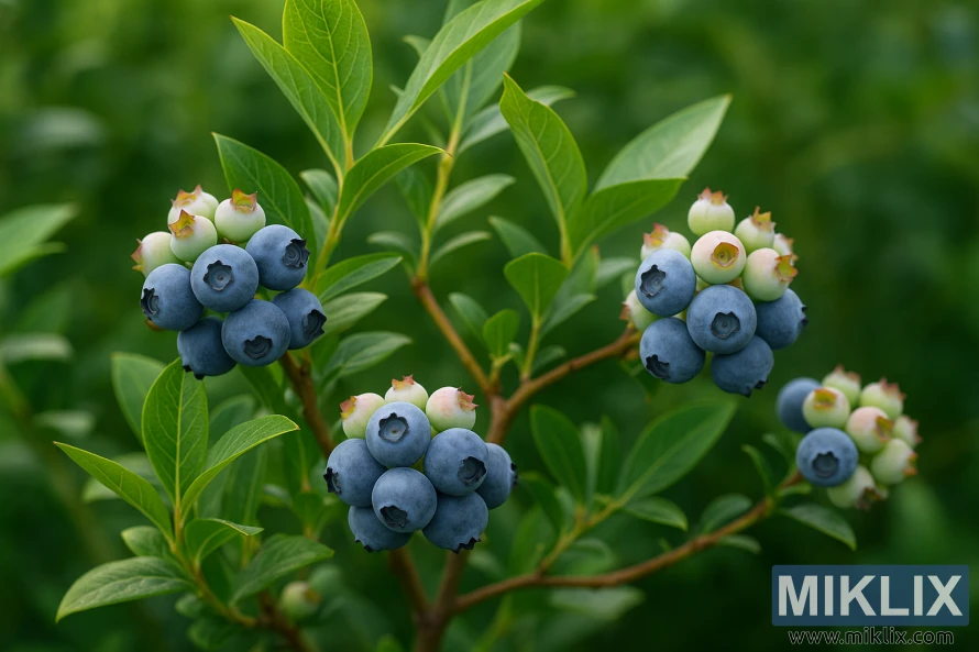 Close-up view of a Southern Highbush blueberry plant showing ripe blue and unripe green berries among vibrant green leaves in natural sunlight.