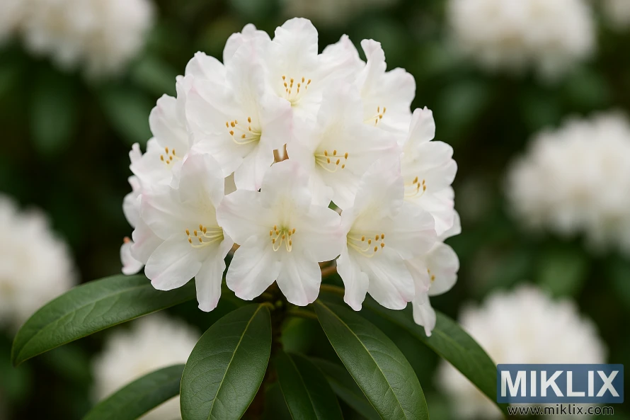 Close-up of Loderi King George rhododendron with white blossoms tinged with soft pink. Close-up of Loderi King George rhododendron with white blossoms tinged with soft pink.