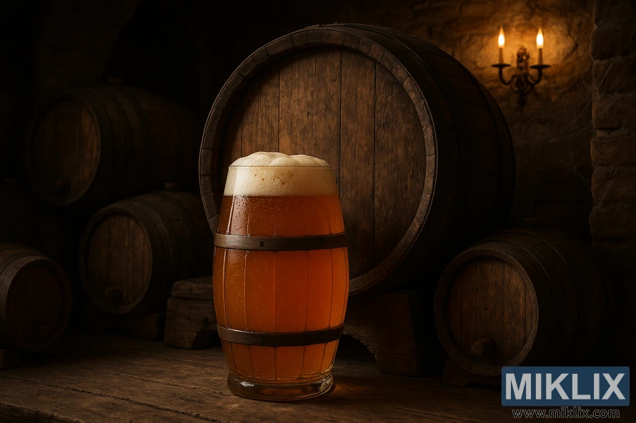 Pint ravøl på et rustikk bord med aldrende trefat i varmt lys. Pint ravøl på et rustikk bord med aldrende trefat i varmt lys.