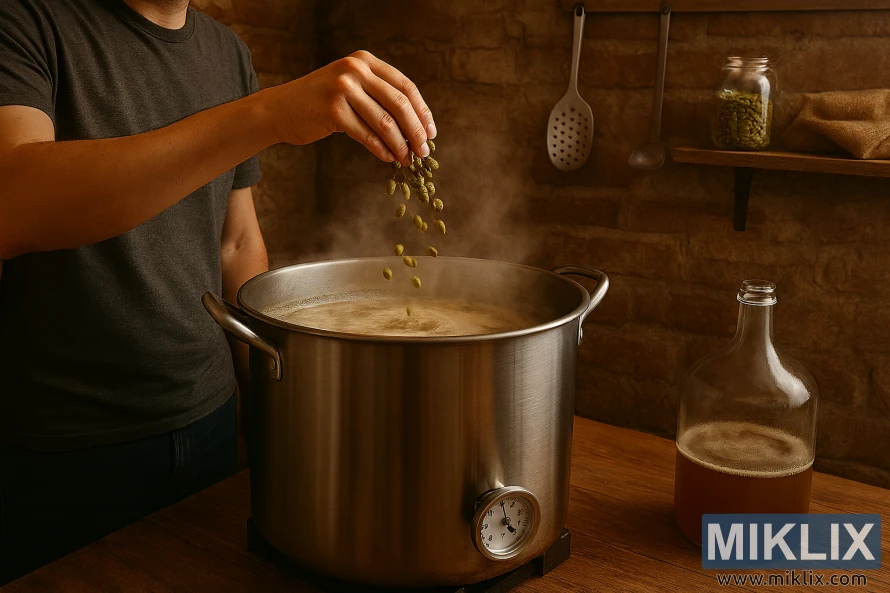 Homebrewer dropping hops into boiling kettle in rustic brewing setup