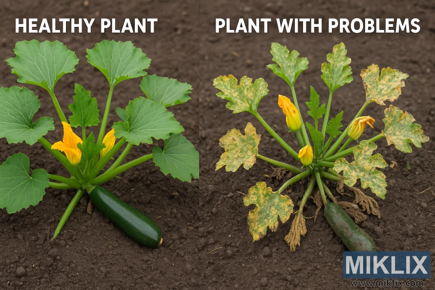 ਇੱਕ ਸਿਹਤਮੰਦ ਉਲਚੀਨੀ ਪੌਦੇ ਅਤੇ ਇੱਕ ਪੌਦੇ ਦੀ ਨਾਲ-ਨਾਲ ਤੁਲਨਾ ਜੋ ਆਮ ਵਾਧੇ ਦੀਆਂ ਸਮੱਸਿਆਵਾਂ ਨੂੰ ਦਰਸਾਉਂਦੀ ਹੈ। ਇੱਕ ਸਿਹਤਮੰਦ ਉਲਚੀਨੀ ਪੌਦੇ ਅਤੇ ਇੱਕ ਪੌਦੇ ਦੀ ਨਾਲ-ਨਾਲ ਤੁਲਨਾ ਜੋ ਆਮ ਵਾਧੇ ਦੀਆਂ ਸਮੱਸਿਆਵਾਂ ਨੂੰ ਦਰਸਾਉਂਦੀ ਹੈ।