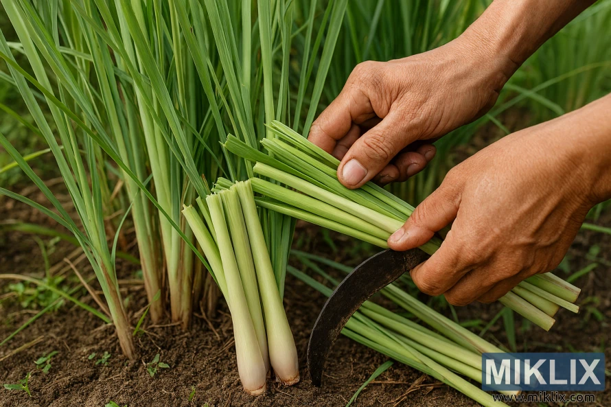 Hands cutting mature lemongrass stalks at soil level in a garden