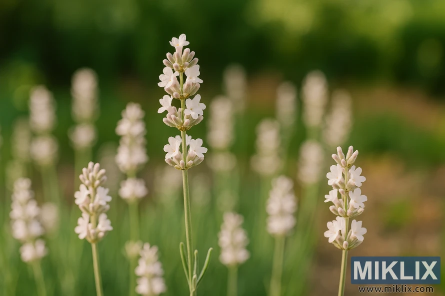 Detaljeret nærbillede af Jean Davis-lavendel med bløde, lyserøde til hvide blomster, der blomstrer på slanke stængler i en solbeskinnet cottage garden. Detaljeret nærbillede af Jean Davis-lavendel med bløde, lyserøde til hvide blomster, der blomstrer på slanke stængler i en solbeskinnet cottage garden.