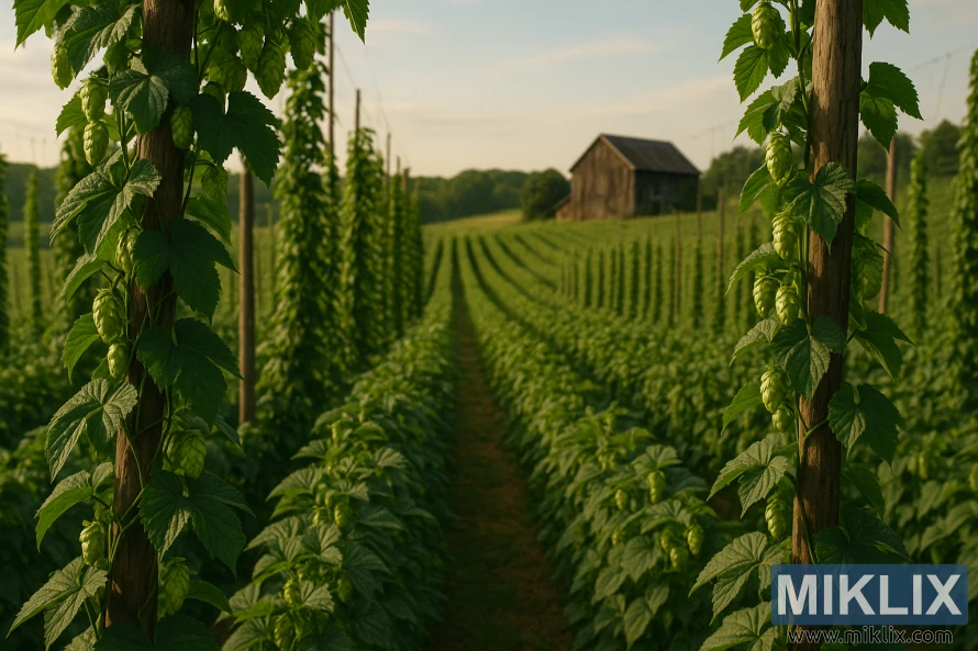 Solfylt humlefelt med frodige binespalier, klatrende espalier og en fjern værbitt låve.