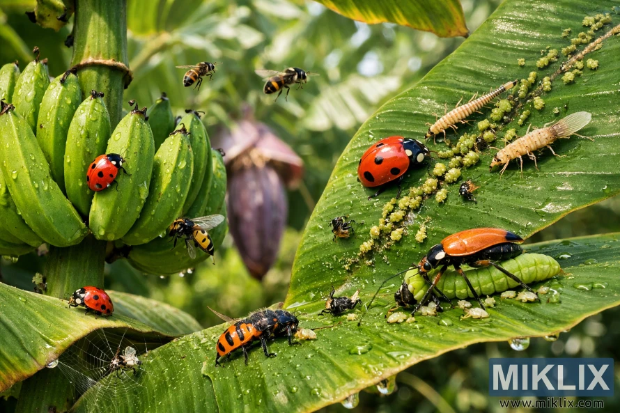 Ladybugs, lacewing larvae, and hoverflies controlling aphids on green banana plants in a sunlit tropical plantation.
