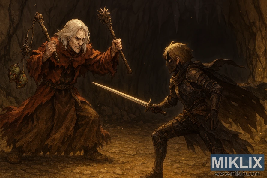 Anime-style fan art of the Tarnished fighting Necromancer Garris in a dim cave Anime-style fan art of the Tarnished fighting Necromancer Garris in a dim cave