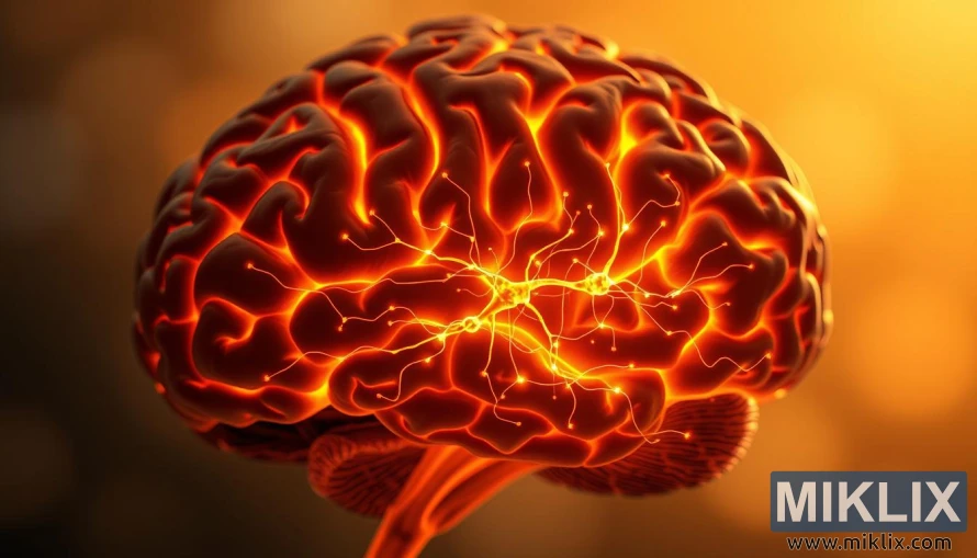 সোনালী আলোয় আলোকিত স্নায়ুপথ সহ একটি মানব মস্তিষ্কের উজ্জ্বল প্রস্থচ্ছেদ। সোনালী আলোয় আলোকিত স্নায়ুপথ সহ একটি মানব মস্তিষ্কের উজ্জ্বল প্রস্থচ্ছেদ।