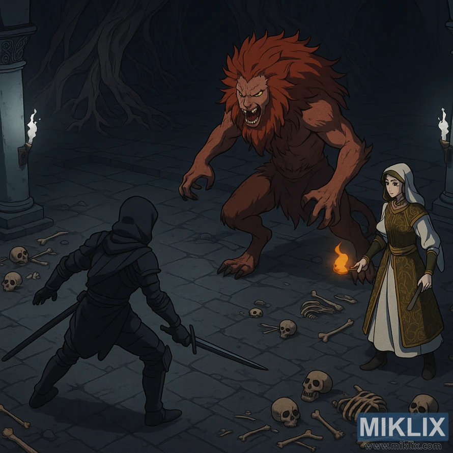 Isometric anime-style scene of the Tarnished in black armor confronting a Leonine Misbegotten and Perfumer Tricia in a dark, bone-strewn cavern.