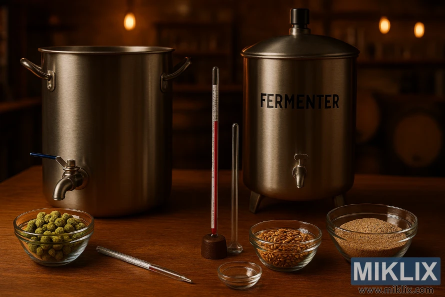 Home brewing setup with stainless steel kettle, fermenter, hops, malt, and measuring tools on a wooden table