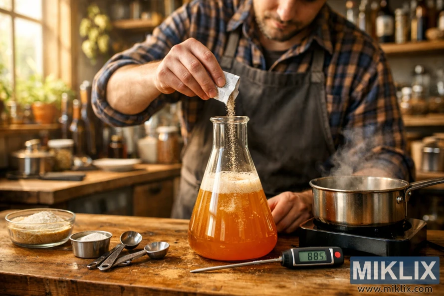 Namų aludaris šiltoje virtuvėje pila sausas mieles į gintaro spalvos skysto raugo kolbą, apsuptas alaus darymo įrankių ir verdančio vandens.