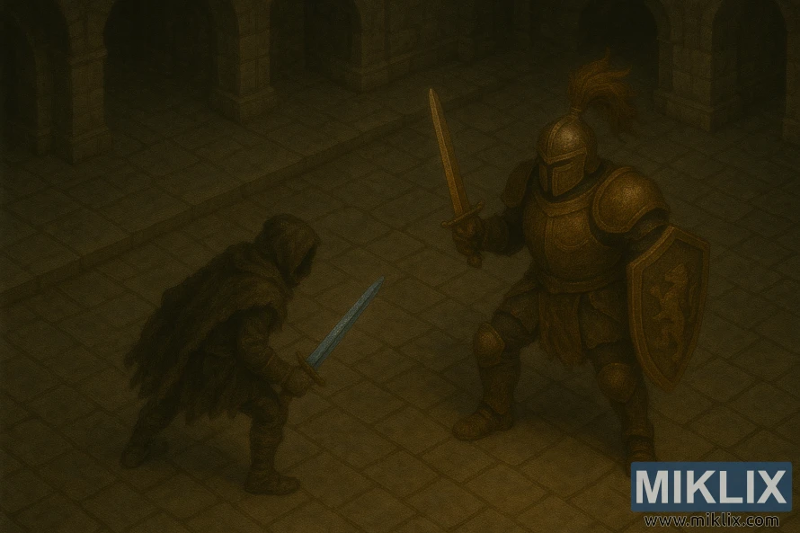 Isometric view of the Tarnished facing Crucible Knight Ordovis in a stone hall, with the knight holding a sword in his right hand and a shield in his left.