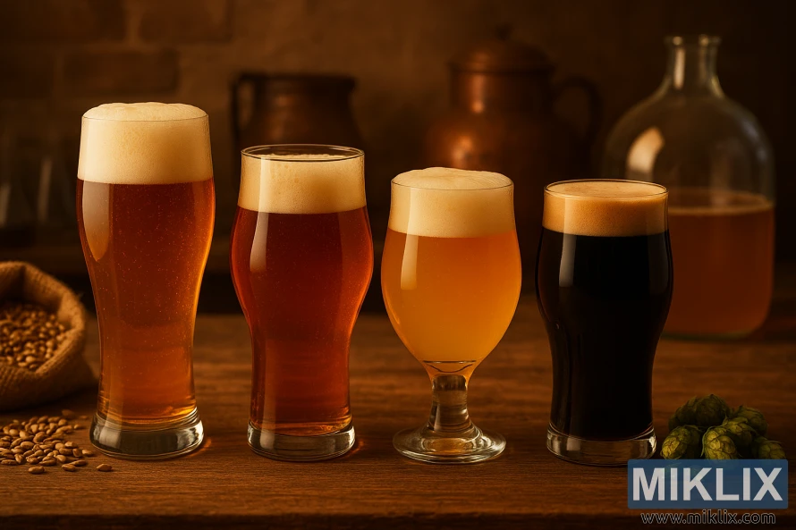 O serie de patru pahare de bere umplute cu lager, IPA, pale ale și stout, așezate pe o masă de lemn, cu malț, hamei și echipamente de fabricare a berii în fundal.