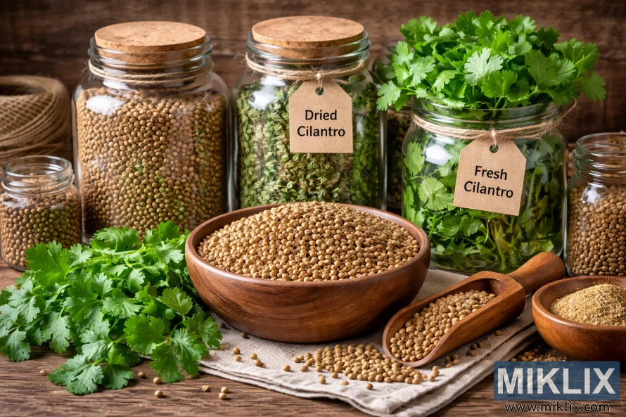 High-resolution still life of coriander seeds and cilantro preserved in glass jars and wooden bowls on a rustic wooden surface