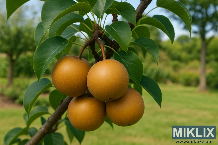 Close-up of four ripe Hosui Asian pears with golden-brown skins hanging in a cluster among green leaves. Close-up of four ripe Hosui Asian pears with golden-brown skins hanging in a cluster among green leaves.