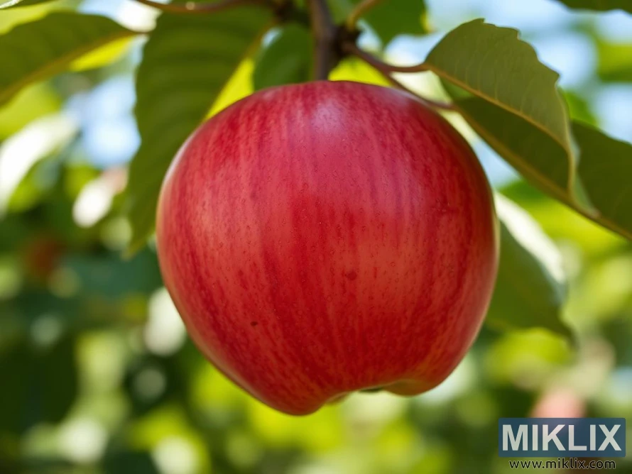 Спелое красное яблоко висит на ветке дерева с зелеными листьями, освещенное солнцем. Спелое красное яблоко висит на ветке дерева с зелеными листьями, освещенное солнцем.