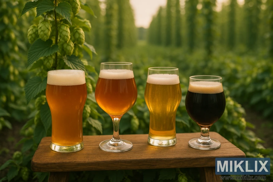 Quatre bières artisanales dans des verres variés sur un banc en bois sur fond de champ de houblon vert luxuriant, brillant sous la chaude lumière dorée du soleil.