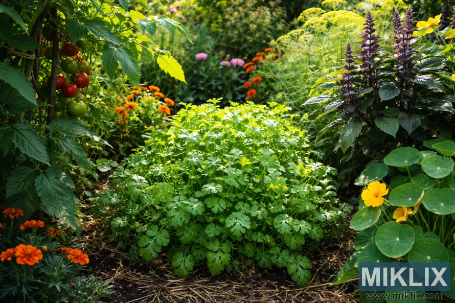 Cilantro growing in a garden bed with companion plants providing partial shade, including tomatoes, basil, marigolds, and nasturtiums.