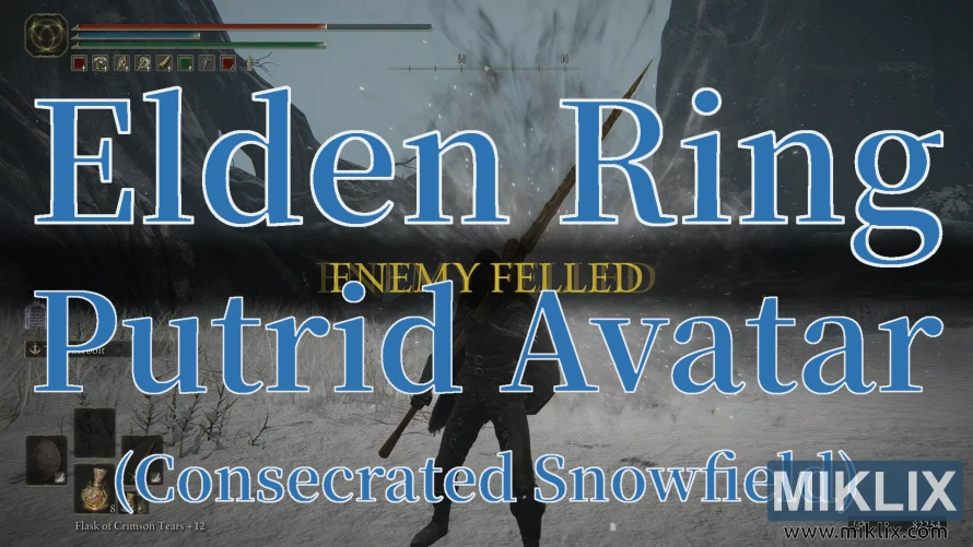 သန့်ရှင်းသောနှင်းဖီးကွင်းတွင် Putrid Avatar ကိုအနိုင်ယူပြီးနောက် Elden Ring သည် “Enemy Felled” ကိုပြသသည့် ဖန်သားပြင်ဓာတ်ပုံ။