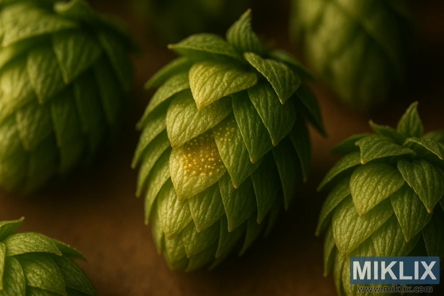 Nærbilde av Chinook-humlekjegler med synlige lupulinkjertler som lyser grønt under varmt diffust lys mot en uskarp bakgrunn.