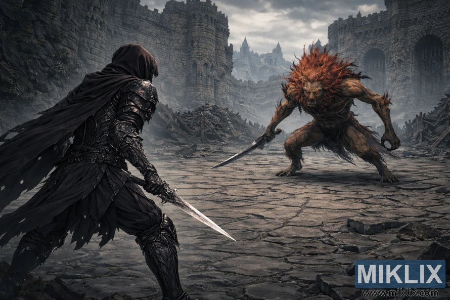 एक बड़ा एनीमे फैंटेसी सीन जिसमें लड़ाई से पहले कैसल मोर्ने के टूटे-फूटे आंगन में, टार्निश्ड इन ब्लैक नाइफ आर्मर को पीछे से लियोनिन मिसबिगॉटन का सामना करते हुए दिखाया गया है।