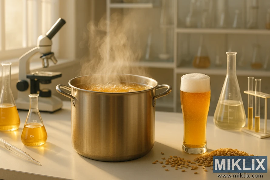 ചൂടുള്ള പ്രകൃതിദത്ത വെളിച്ചത്തിൽ, ലാബ് ഉപകരണങ്ങൾ, ഗ്ലാസ്വെയറുകൾ, മാൾട്ട് ചെയ്ത ഗോതമ്പ്, ഒരു ഗ്ലാസ് ഗോതമ്പ് ബിയർ എന്നിവയാൽ ചുറ്റപ്പെട്ട, കുമിളകൾ നിറഞ്ഞ സ്വർണ്ണ ബിയറുള്ള ഒരു ആവി പറക്കുന്ന സ്റ്റെയിൻലെസ് സ്റ്റീൽ ബ്രൂ കെറ്റിൽ.