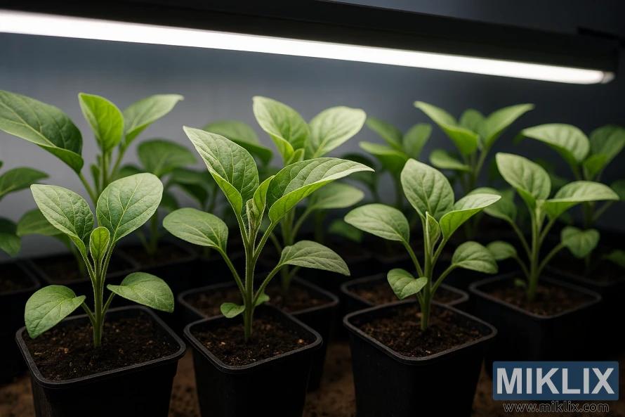 Eggplant seedlings growing in small pots under bright grow lights in an indoor setup