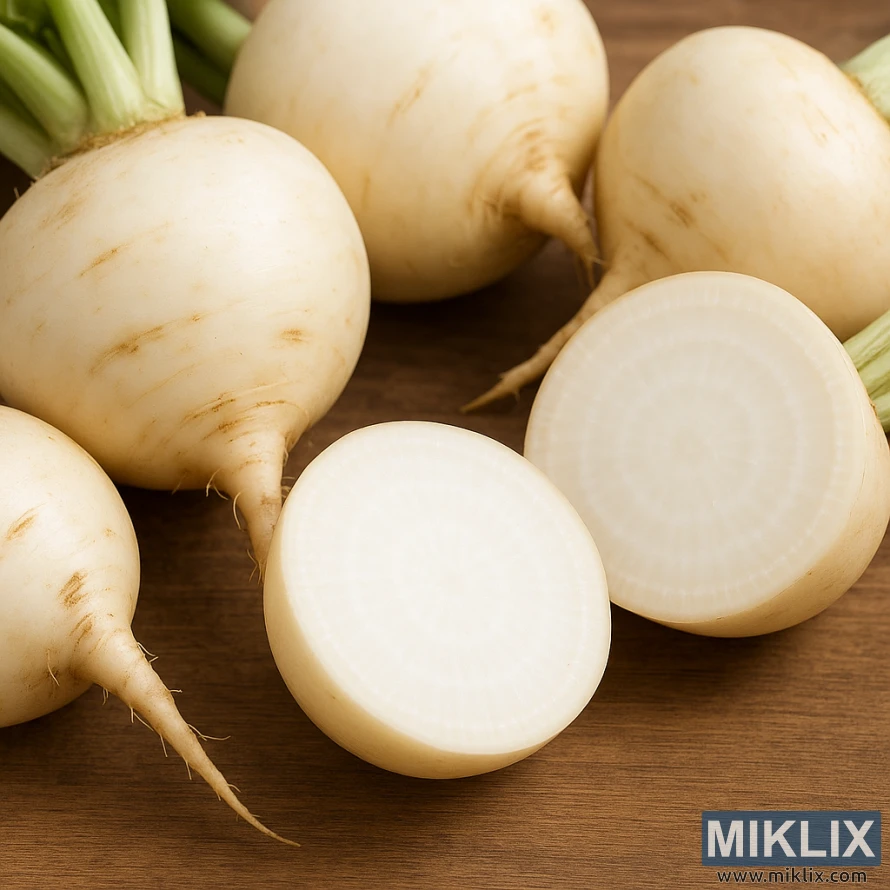 Свіжий білий буряк сорту Аваланш з гладенькою кремово-білою зовнішньою частиною та нарізаними ділянками, що відкривають бліду, концентричну середину. Свіжий білий буряк сорту Аваланш з гладенькою кремово-білою зовнішньою частиною та нарізаними ділянками, що відкривають бліду, концентричну середину.