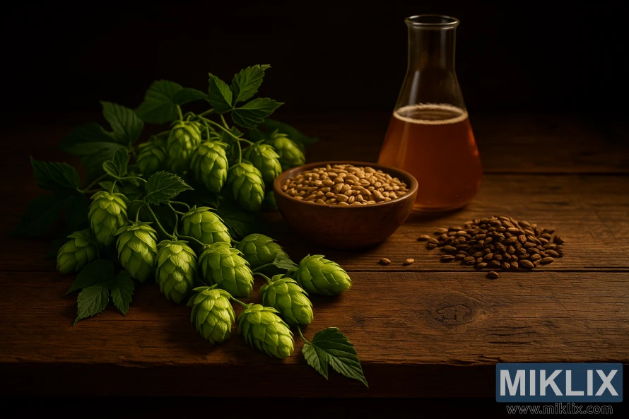 Шинэхэн ногоон хоп боргоцой, соёолж үр тариа, алтан шингэнтэй колбыг дулаан гэрэлтүүлгийн дор тансаг модон ширээн дээр тавьсан. Шинэхэн ногоон хоп боргоцой, соёолж үр тариа, алтан шингэнтэй колбыг дулаан гэрэлтүүлгийн дор тансаг модон ширээн дээр тавьсан.