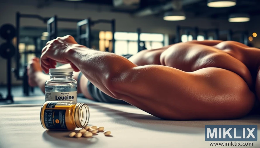 Sportista na stolu za masažu s dodacima leucina koji pomažu u oporavku mišića. Sportista na stolu za masažu s dodacima leucina koji pomažu u oporavku mišića.