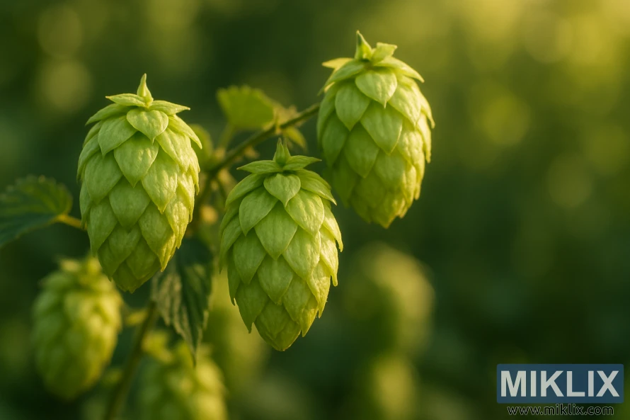 Közeli kép friss zöld serebrianka komlótobozokról, amelyek aranyló napfényben világítanak egy halványan elmosódott háttér előtt. Közeli kép friss zöld serebrianka komlótobozokról, amelyek aranyló napfényben világítanak egy halványan elmosódott háttér előtt.
