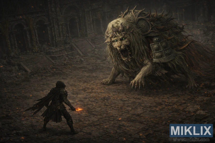 Dark realistic fantasy artwork of the Tarnished in Black Knife armor confronting a towering Divine Beast Dancing Lion in a ruined cathedral courtyard.